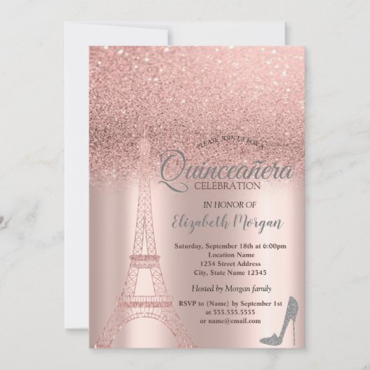 Invitation Parties scintillant d'or rose Tour Eiffel, Talons  (Devant)