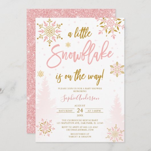 Invitation Parties scintillant d'or rose Un petit Baby shower (Devant / Derrière)