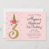 Invitation Parties scintillant d'or rose Unicorn 3 3e fête d' (Dos)