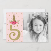 Invitation Parties scintillant d'or rose Unicorn 5 5e fête d' (Devant)