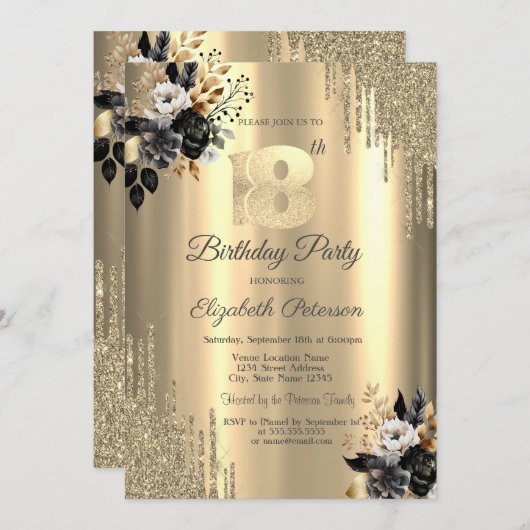 Invitation Parties scintillant d'or Roses noirs 18e annivers (Devant / Derrière)