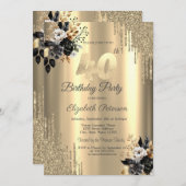 Invitation Parties scintillant d'or Roses noirs 40e anniversa (Devant / Derrière)