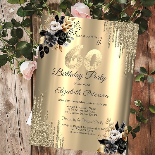 Invitation Parties scintillant d'or Roses noirs 60e anniversa