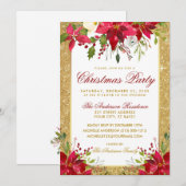 Invitation Parties scintillant d'or Rouge Poinsettia Fête de (Devant / Derrière)