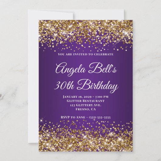 Invitation Parties scintillant d'or Royal violet Monogramme 3 (Devant)