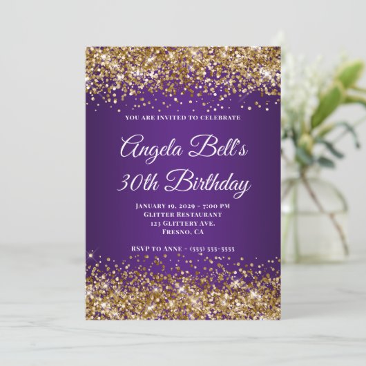 Invitation Parties scintillant d'or Royal violet Monogramme 3 (Debout devant)
