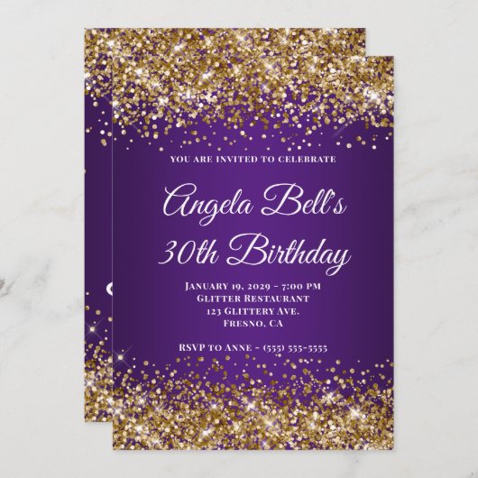 Invitation Parties scintillant d'or Royal violet Monogramme 3 (Devant / Derrière)