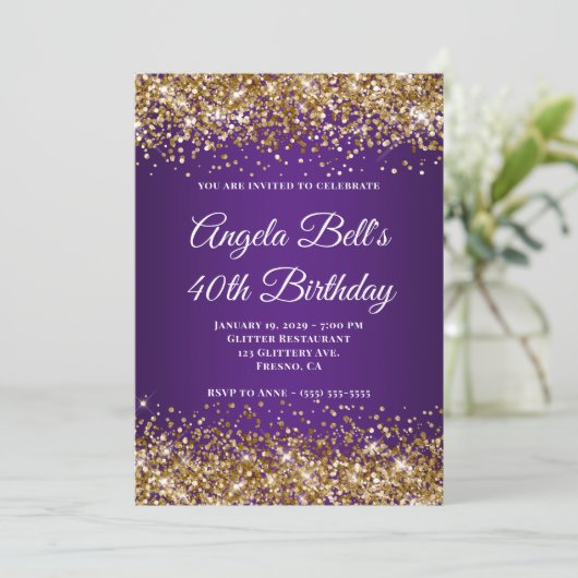 Invitation Parties scintillant d'or Royal violet Monogramme 4 (Debout devant)