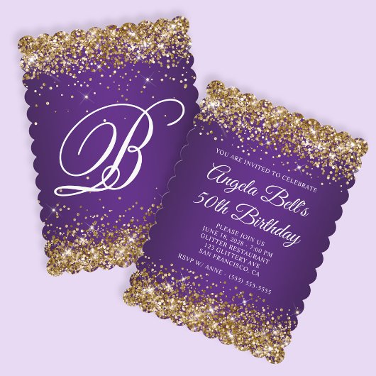 Invitation Parties scintillant d'or Royal violet Monogramme 5