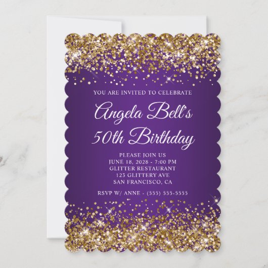 Invitation Parties scintillant d'or Royal violet Monogramme 5 (Devant)