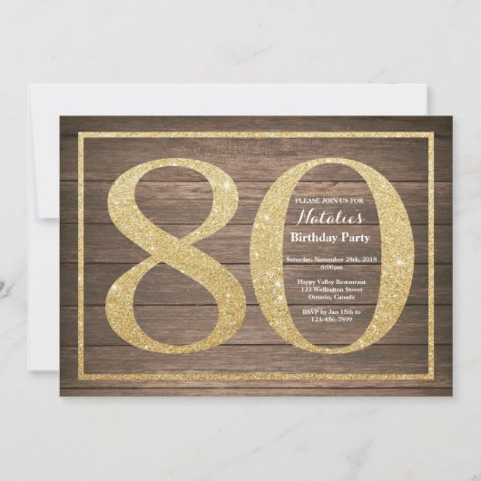 Invitation Parties scintillant d'or Rustic 80th Birthday Invi (Devant)