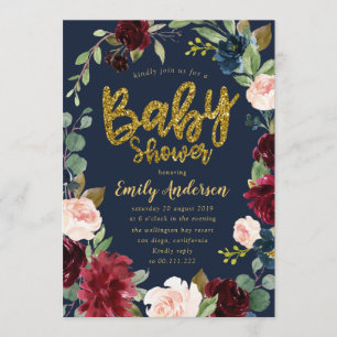 Invitation Parties scintillant d'or script burgundy baby show