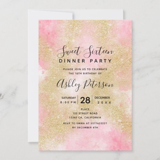 Invitation Parties scintillant d'or, script d'aquarelle rose  (Devant)