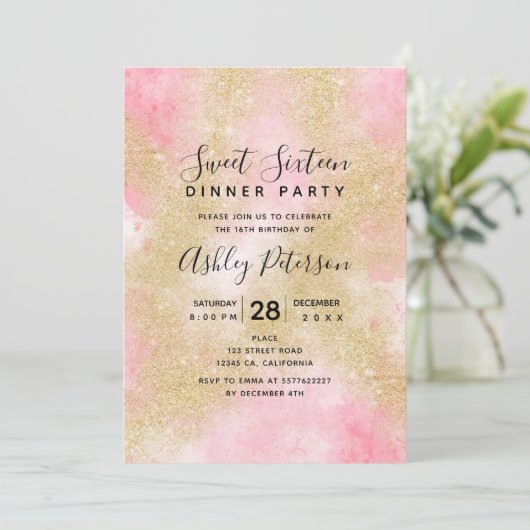 Invitation Parties scintillant d'or, script d'aquarelle rose (Debout devant)
