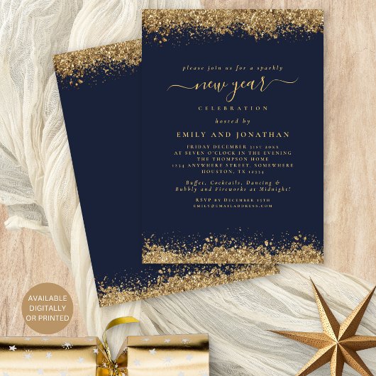 Invitation Parties scintillant d'or Script Marine Bleu Nouvel
