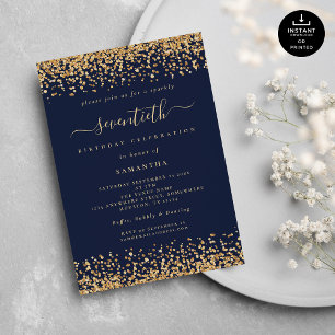 Invitation Parties scintillant d'or Script Marine Blue Glam 7