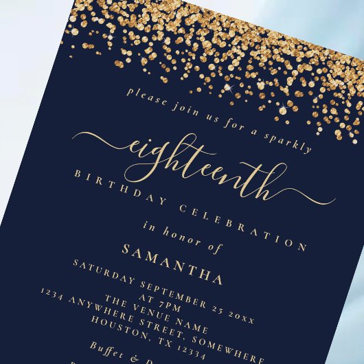 Invitation Parties scintillant d'or Script Navy Blue Glam 18t