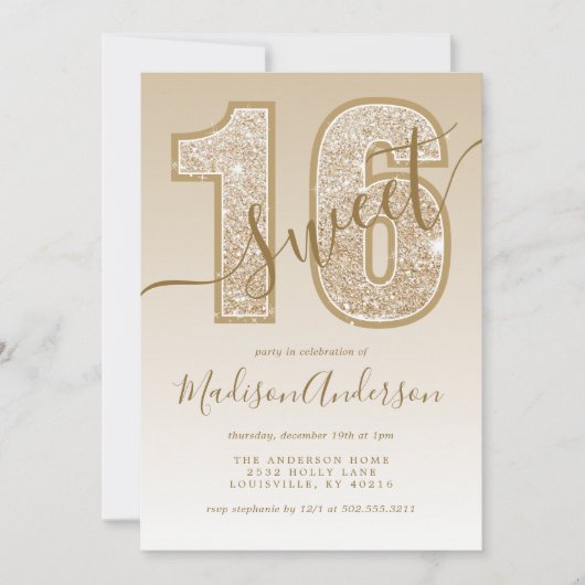 Invitation Parties scintillant d'or Script Sweet 16 Anniversa (Devant)