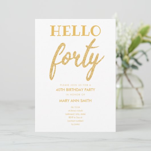 Invitation Parties scintillant d'or simple "Hello Quarty" fêt (Debout devant)