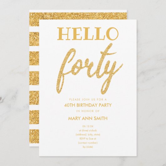 Invitation Parties scintillant d'or simple "Hello Quarty" fêt (Devant / Derrière)