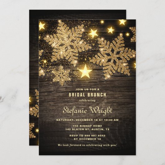Invitation Parties scintillant d'or Snowflakes Rustic Bridal (Devant / Derrière)
