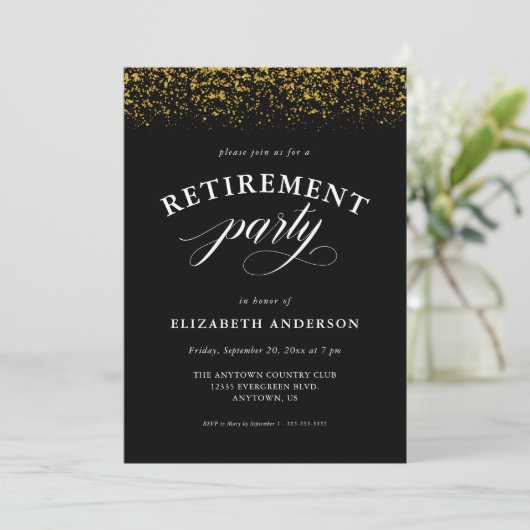 Invitation Parties scintillant d'or Sparkles Script Retraite  (Debout devant)