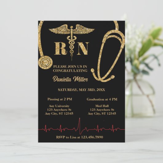 Invitation Parties scintillant d'or Stethoscope RN Caduceus G (Debout devant)