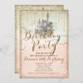 Invitation Parties scintillant d'or Storybook Castle Annivers (Devant / Derrière)