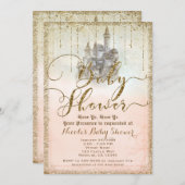 Invitation Parties scintillant d'or Storybook Castle Baby sho (Devant / Derrière)