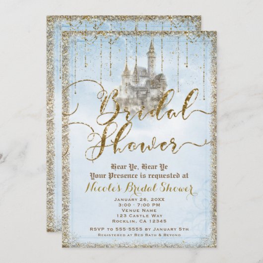 Invitation Parties scintillant d'or Storybook Castle Blue Fêt (Devant / Derrière)