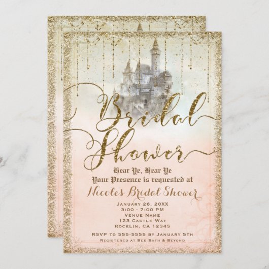 Invitation Parties scintillant d'or Storybook Castle Fête des (Devant / Derrière)