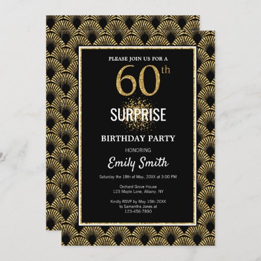 Invitation Parties scintillant d'or sur Black Surprise 60e an (Devant / Derrière)