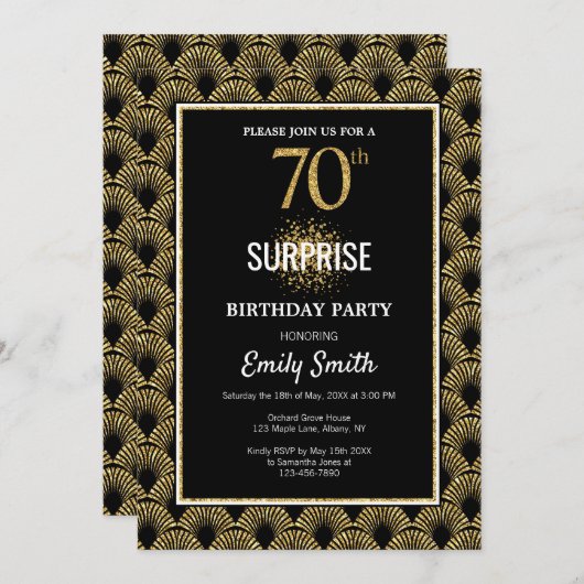 Invitation Parties scintillant d'or sur Black Surprise 70e an (Devant / Derrière)
