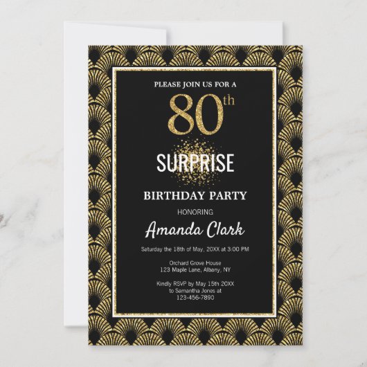 Invitation Parties scintillant d'or sur Black Surprise 80e an (Devant)
