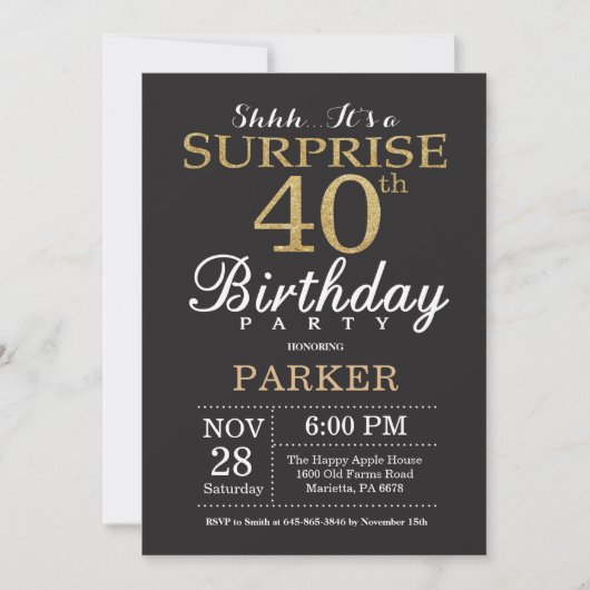 Invitation Parties scintillant d'or Surprise 40e anniversaire (Devant)