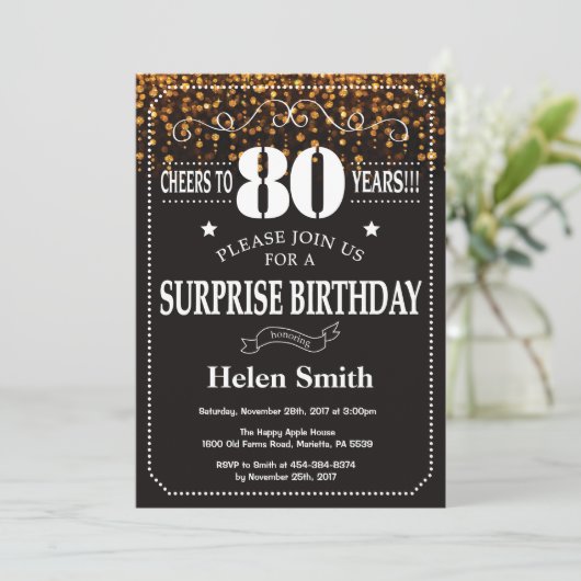 Invitation Parties scintillant d'or Surprise 80e anniversaire (Debout devant)