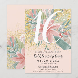 Invitation Parties scintillant d'or sweet sixteen d'aquarelle
