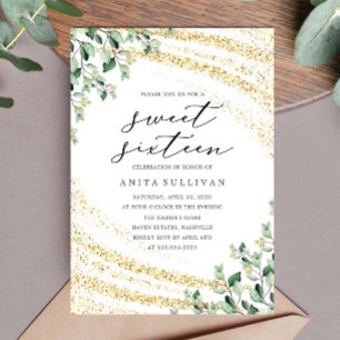 Invitation Parties scintillant d'or Sweet sixteen de verdure 
