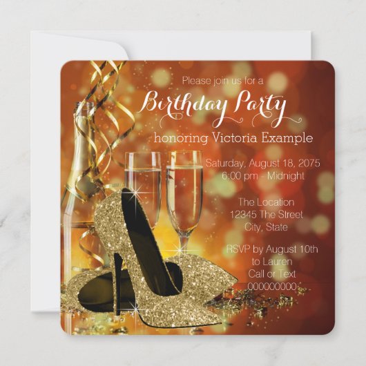 Invitation Parties scintillant d'or talons hauts Champagne fê (Devant)
