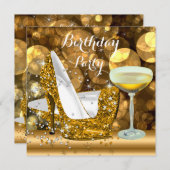 Invitation Parties scintillant d'or talons hauts Champagne fê (Devant / Derrière)