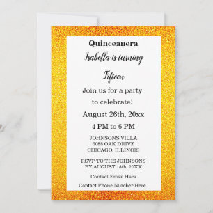 Invitation Parties scintillant d'or Texte noir Quinceanera 15