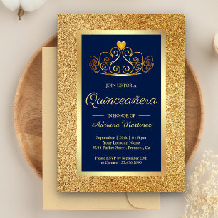 Invitation Parties scintillant d'or Tiara Princess Blue Quinc