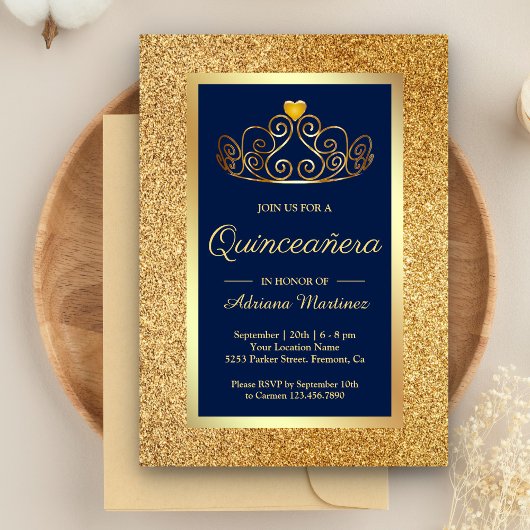 Invitation Parties scintillant d'or Tiara Princess Blue Quinc