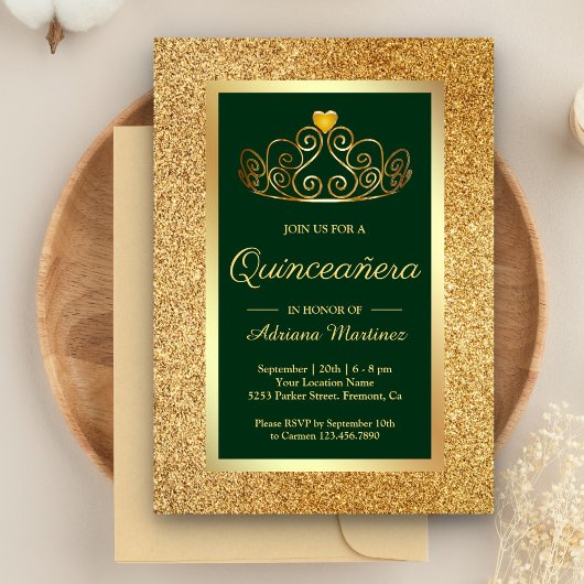 Invitation Parties scintillant d'or Tiara Princess Green Quin