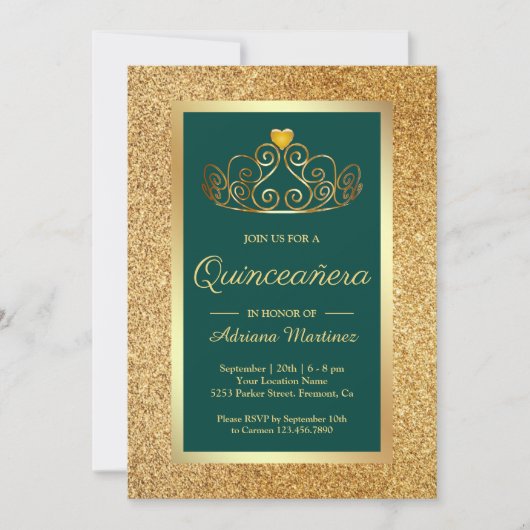 Invitation Parties scintillant d'or Tiara Princess Turquoise (Devant)