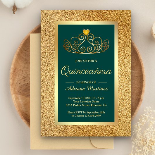 Invitation Parties scintillant d'or Tiara Princess Turquoise