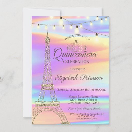 Invitation Parties scintillant d'or Tour Eiffel Holographique (Devant)