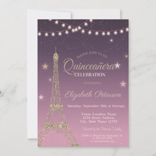 Invitation Parties scintillant d'or Tour Eiffel, Quinceañera (Devant)