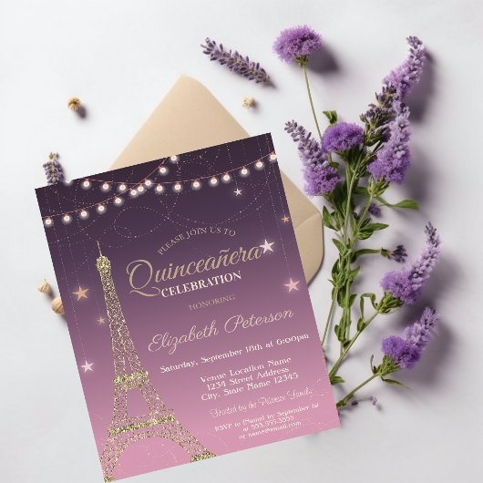 Invitation Parties scintillant d'or Tour Eiffel, Quinceañera
