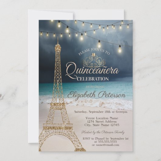 Invitation Parties scintillant d'or Tour Eiffel, Tiara Beach  (Devant)